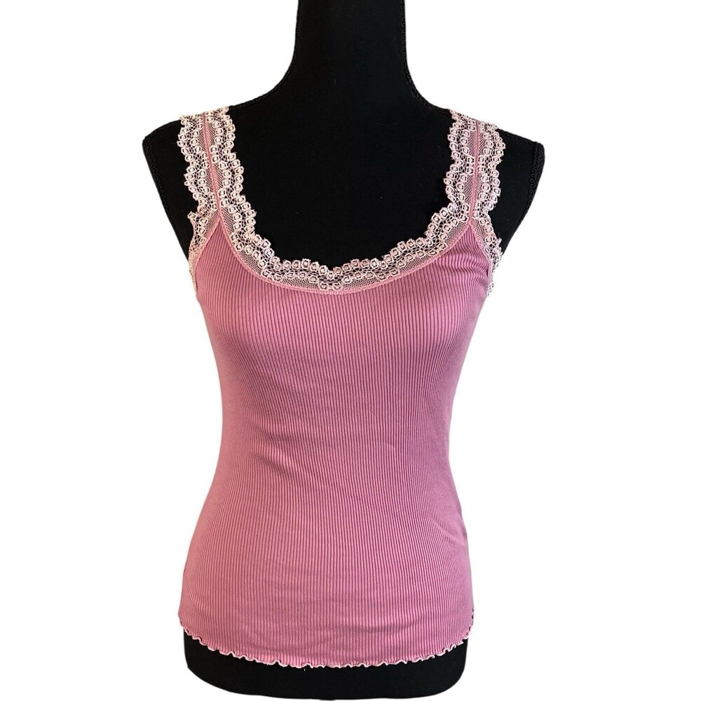 Womens Y2K Pink Lace Trim Tank Top Camisole Size Small Stretch Fitted Preppy